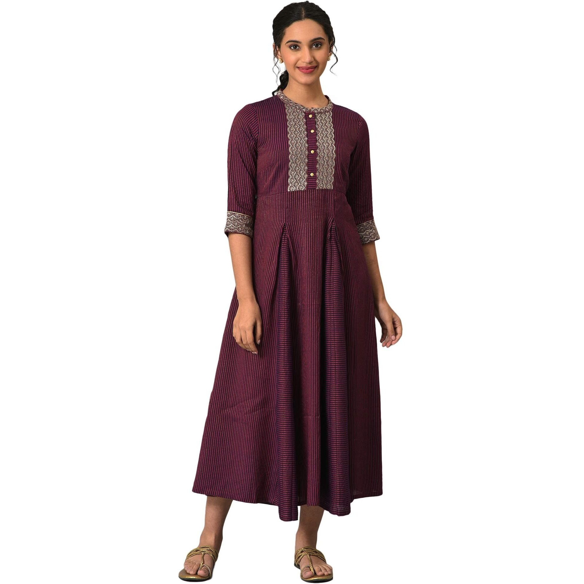 Aurelia Purple Striped Kurta With Zari And Sequins