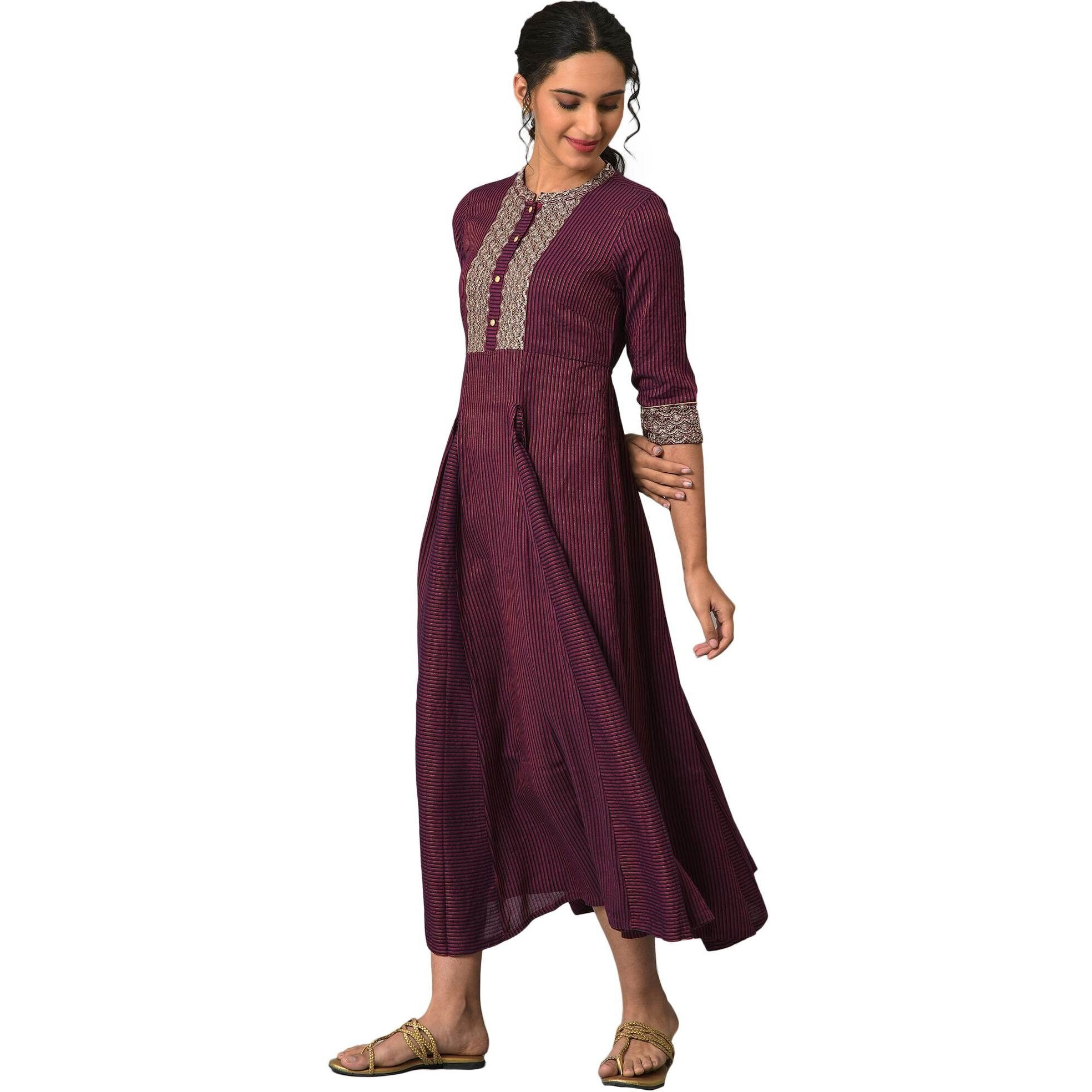 Aurelia Purple Striped Kurta With Zari And Sequins