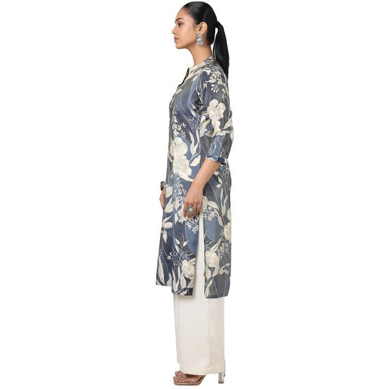 Soch Womens Navy Blue Tissue Floral Print Kurta