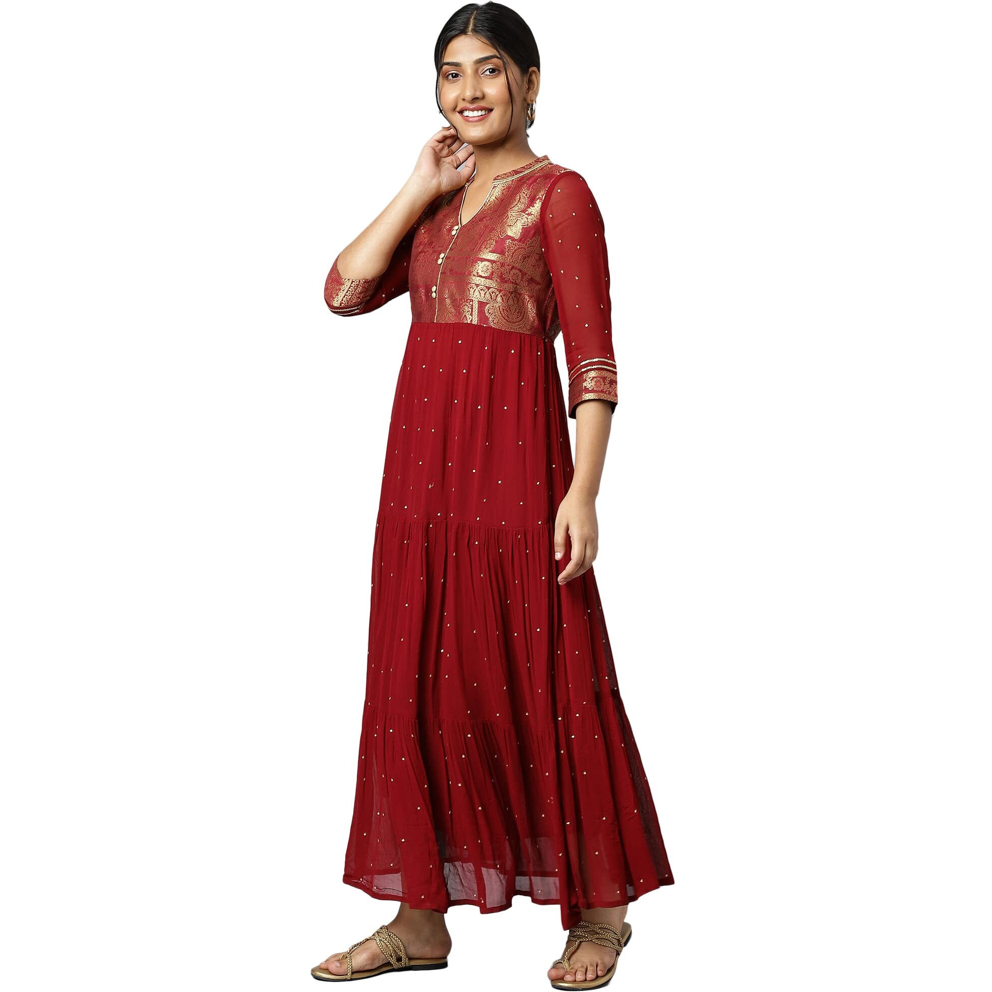 Aurelia Maroon Ethnic Motif Tiered Dress