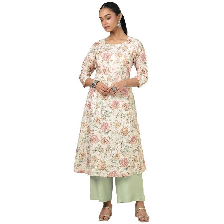 Soch Womens Beige Linen Floral Print Kurta With Beads And Stones