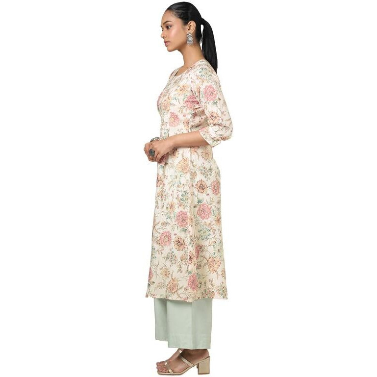 Soch Womens Beige Linen Floral Print Kurta With Beads And Stones