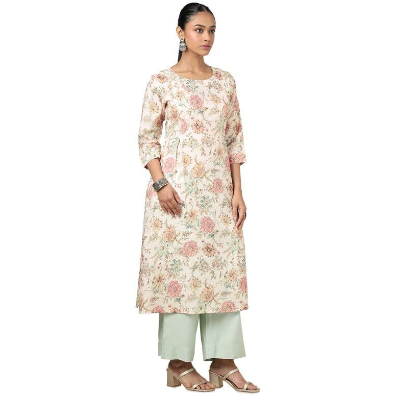 Soch Womens Beige Linen Floral Print Kurta With Beads And Stones