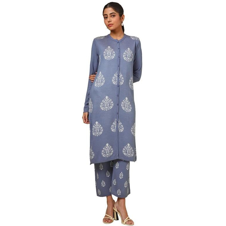 Soch Womens Blue Acrylic Woven Design Winter Kurta Set