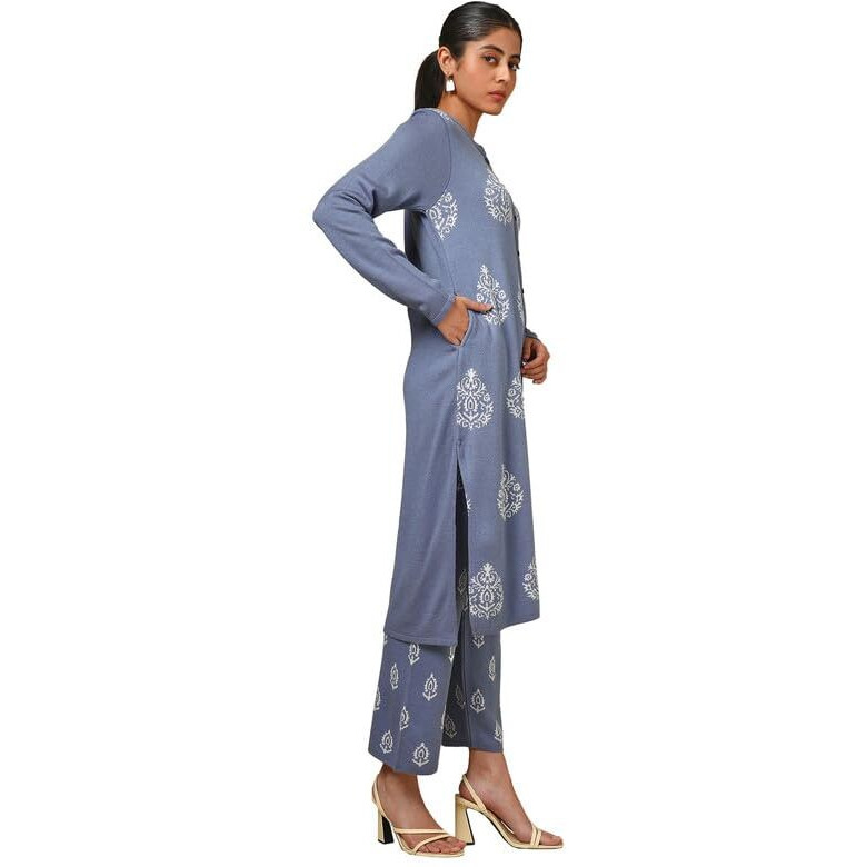 Soch Womens Blue Acrylic Woven Design Winter Kurta Set