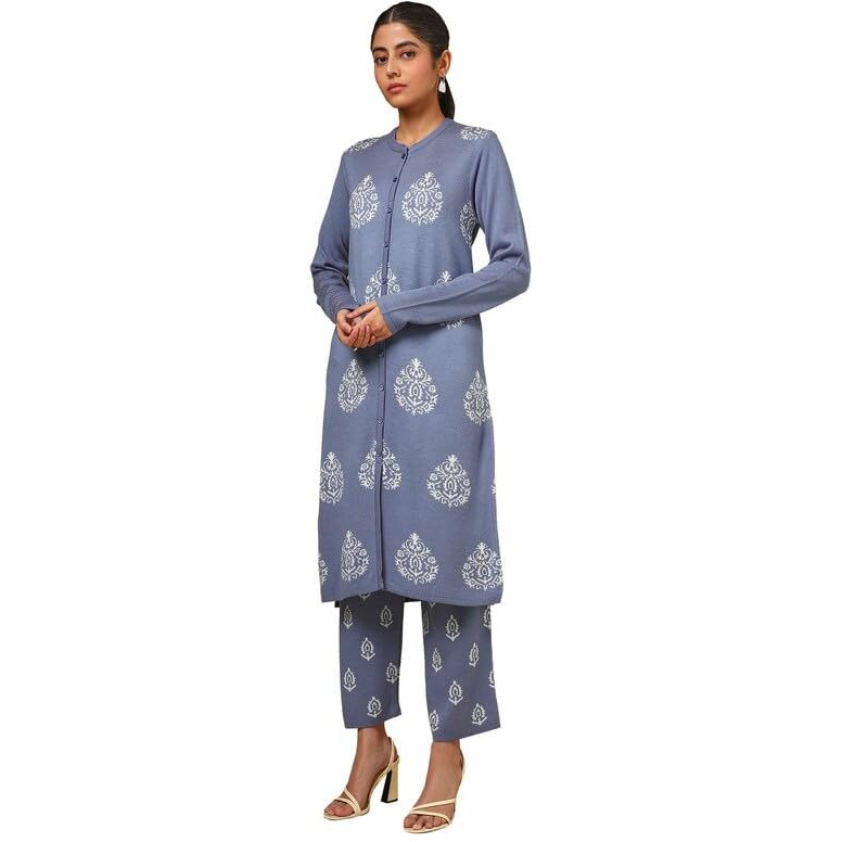Soch Womens Blue Acrylic Woven Design Winter Kurta Set