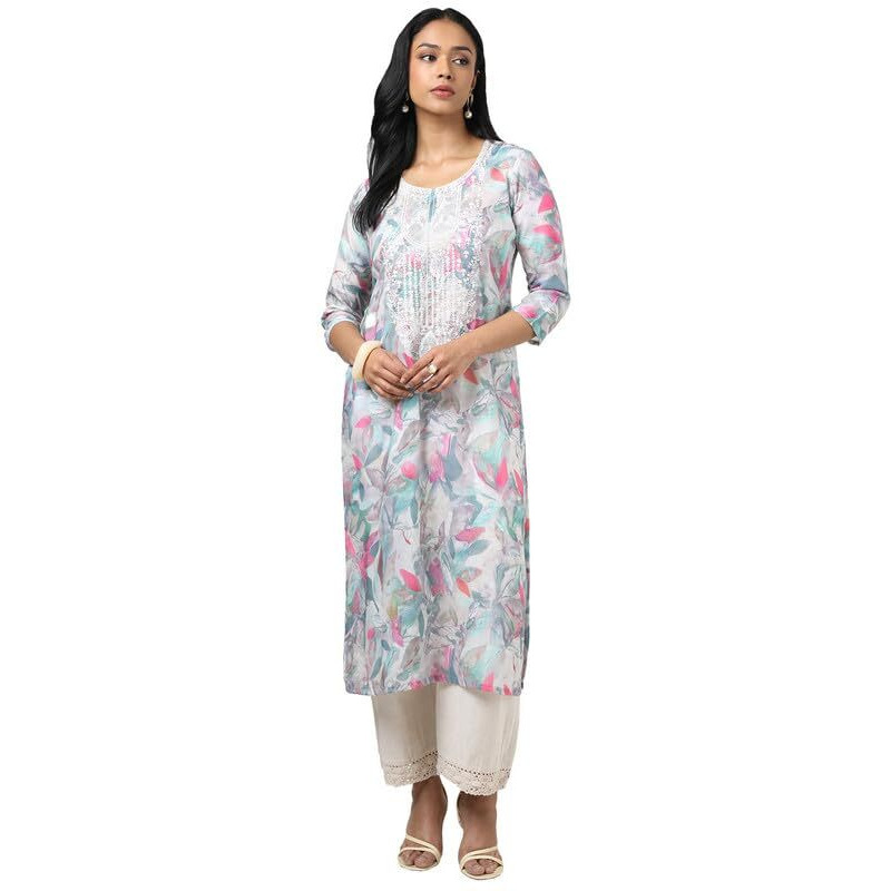 Soch Womens Grey Muslin Floral Print Kurta With Sequins