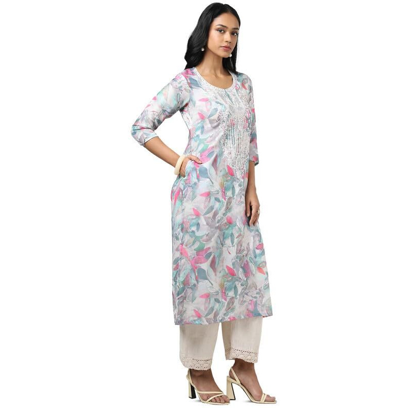 Soch Womens Grey Muslin Floral Print Kurta With Sequins
