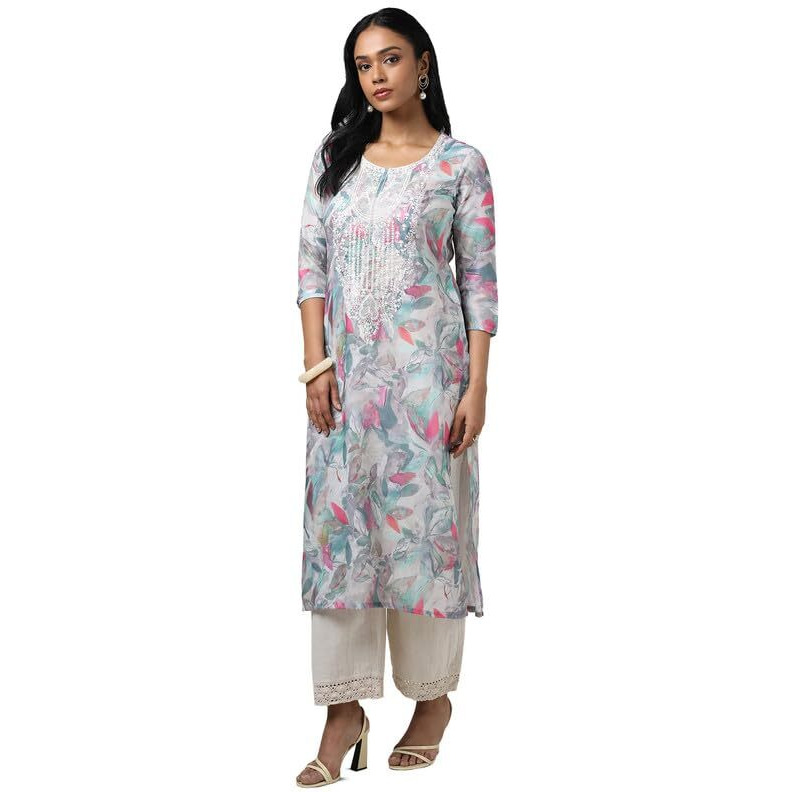 Soch Womens Grey Muslin Floral Print Kurta With Sequins