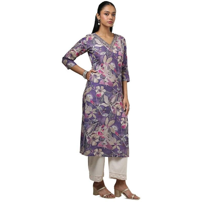 Soch Womens Purple Muslin Floral Print Kurta With Mirror & Cutdana