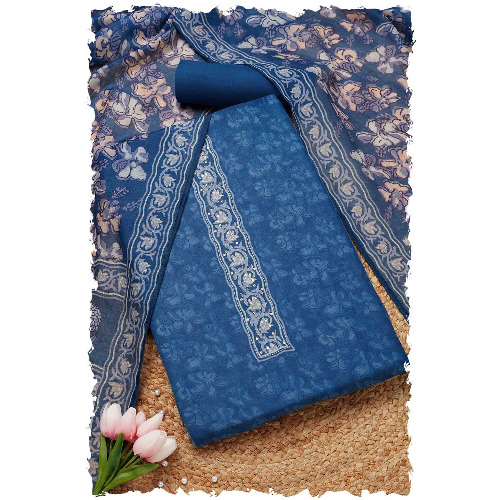 Soch Womens Blue Chanderi Floral Print Unstitch Dress Material With Sequins