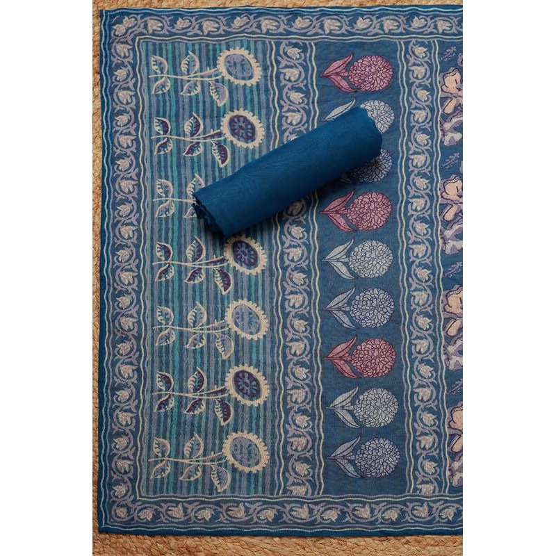 Soch Womens Blue Chanderi Floral Print Unstitch Dress Material With Sequins