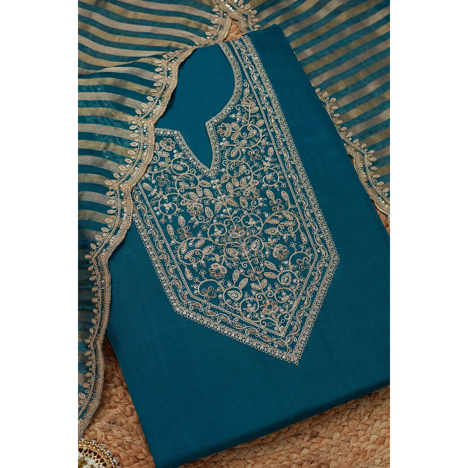 Soch Womens Blue Silk Blend Embroidered Unstitch Dress Material With Sequins