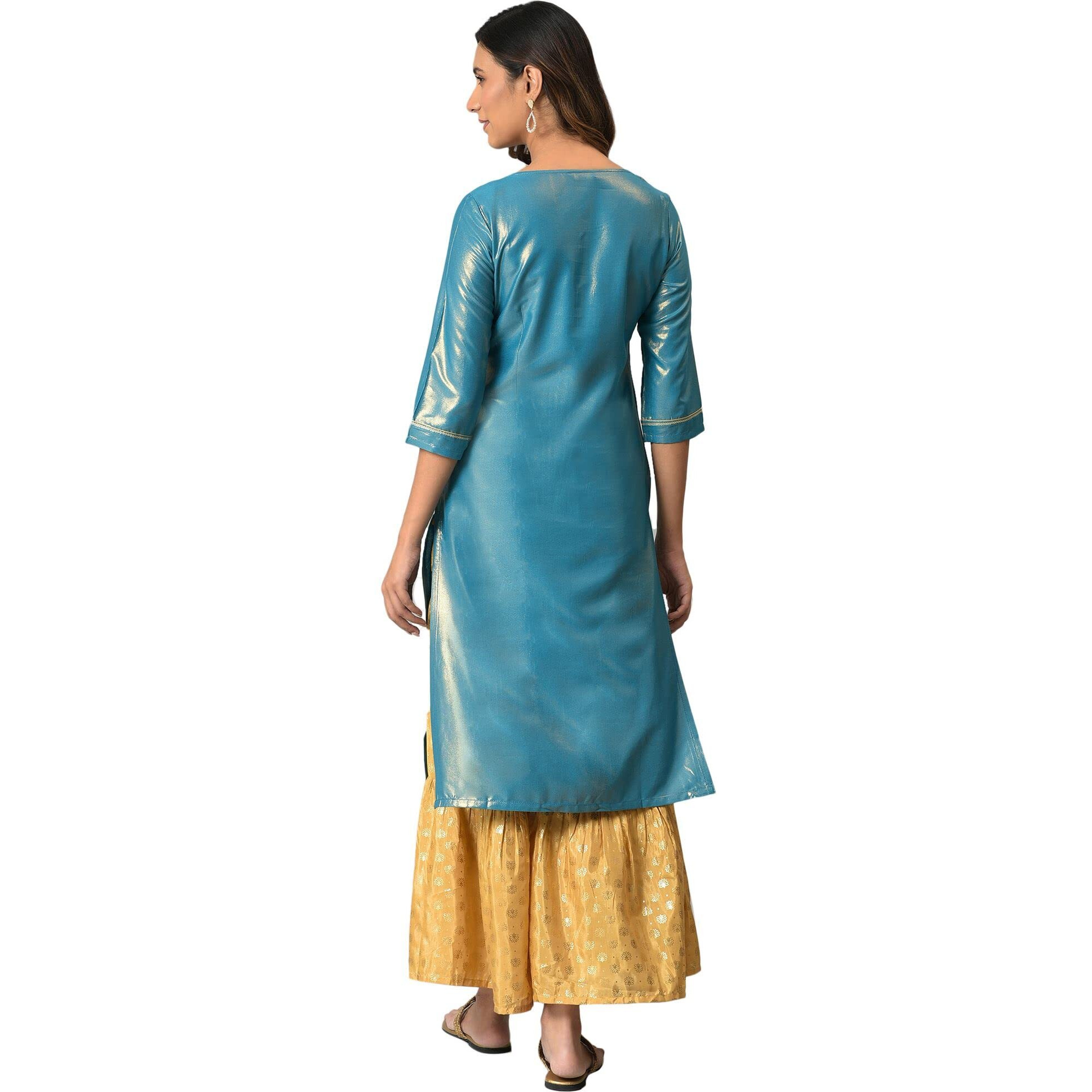 Aurelia Blue Foil Regular Kurta With Zari Embroidery