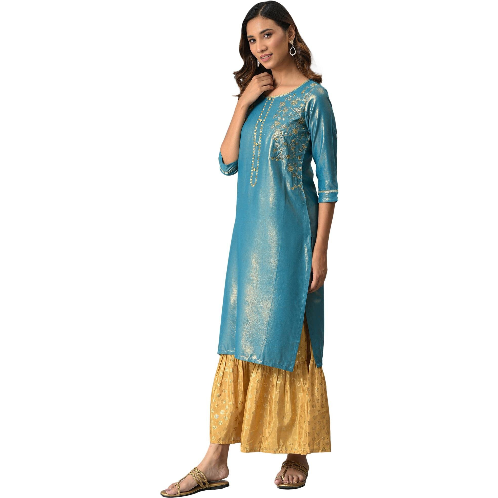 Aurelia Blue Foil Regular Kurta With Zari Embroidery