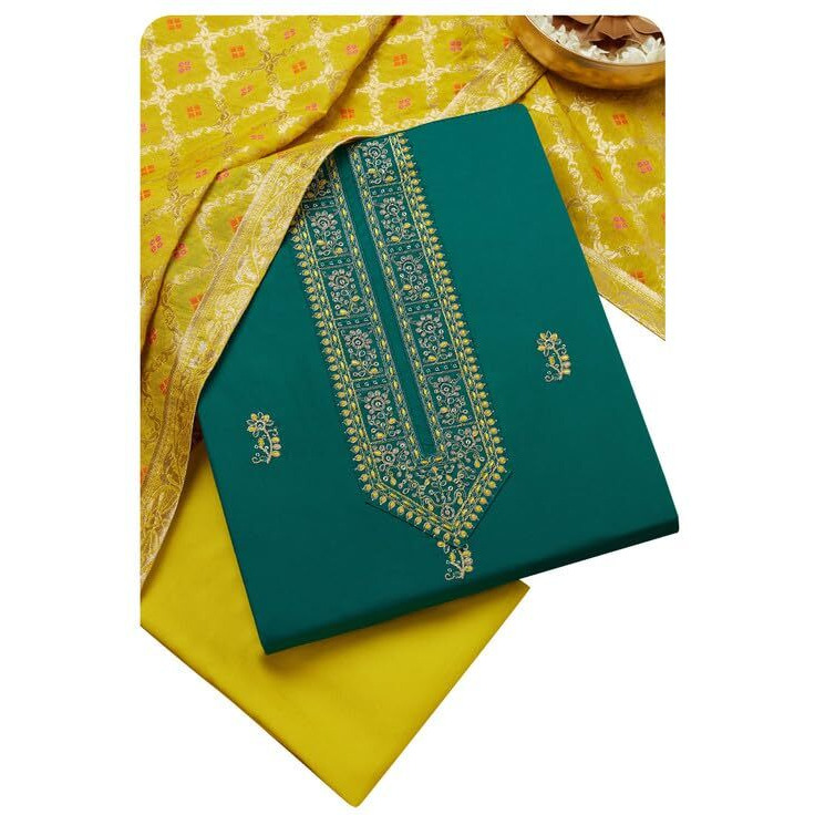 Soch Womens Green Cotton Blend Embroidered Unstitch Dress Material With Sequins