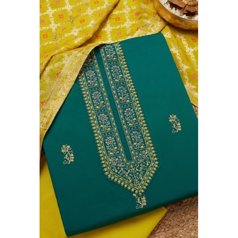 Soch Womens Green Cotton Blend Embroidered Unstitch Dress Material With Sequins