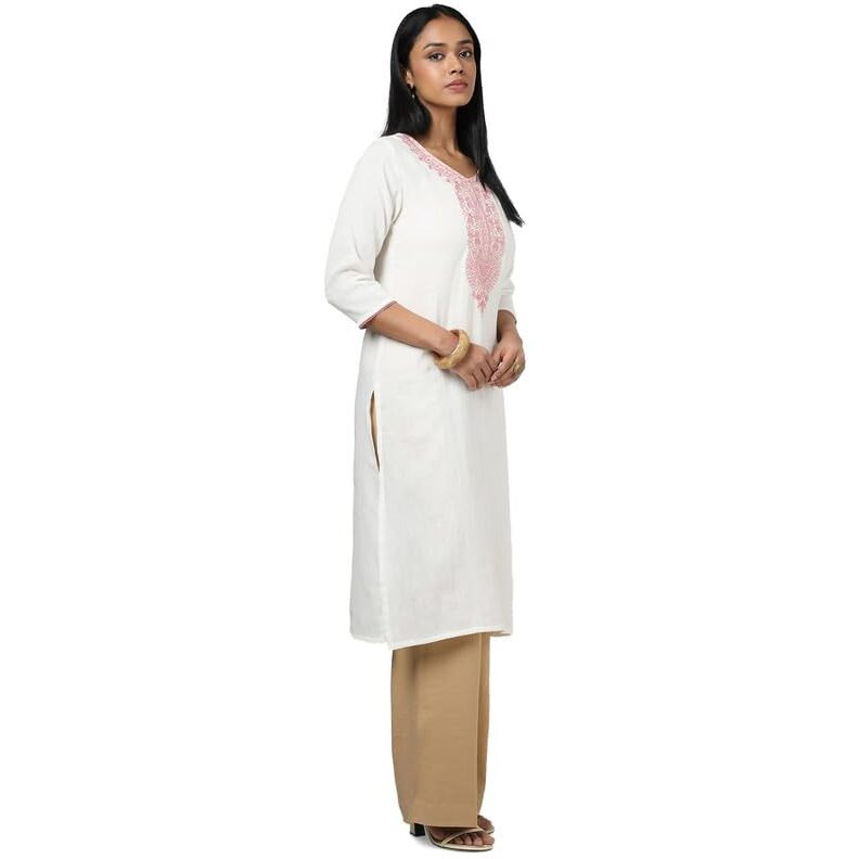 Soch Womens Off White Cotton Embroidered Kurta With Thread Work