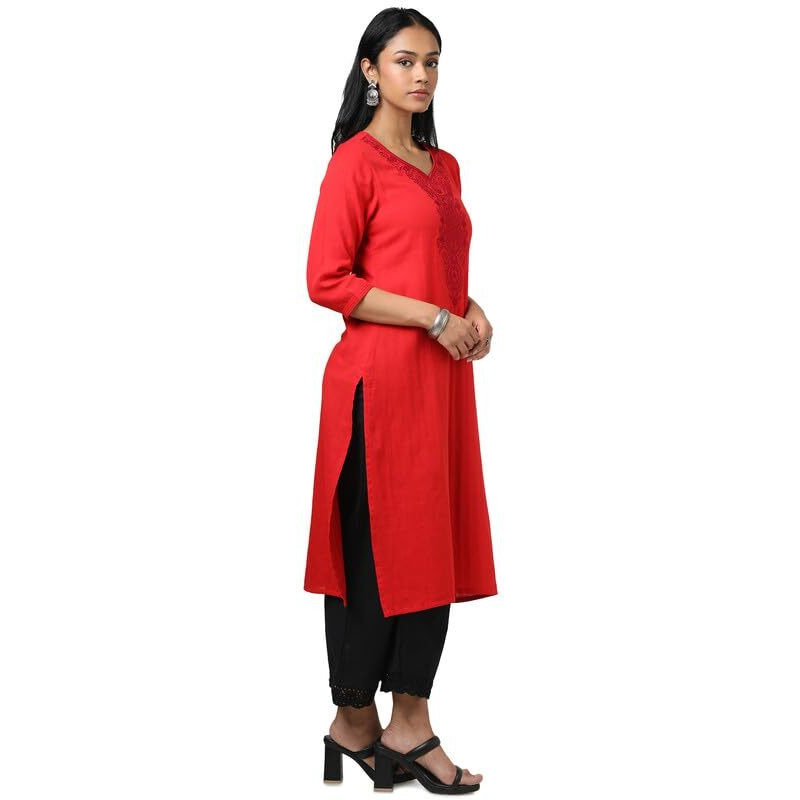 Soch Womens Red Cotton Embroidered Kurta With Thread Work