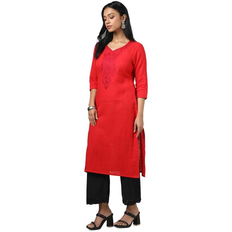 Soch Womens Red Cotton Embroidered Kurta With Thread Work