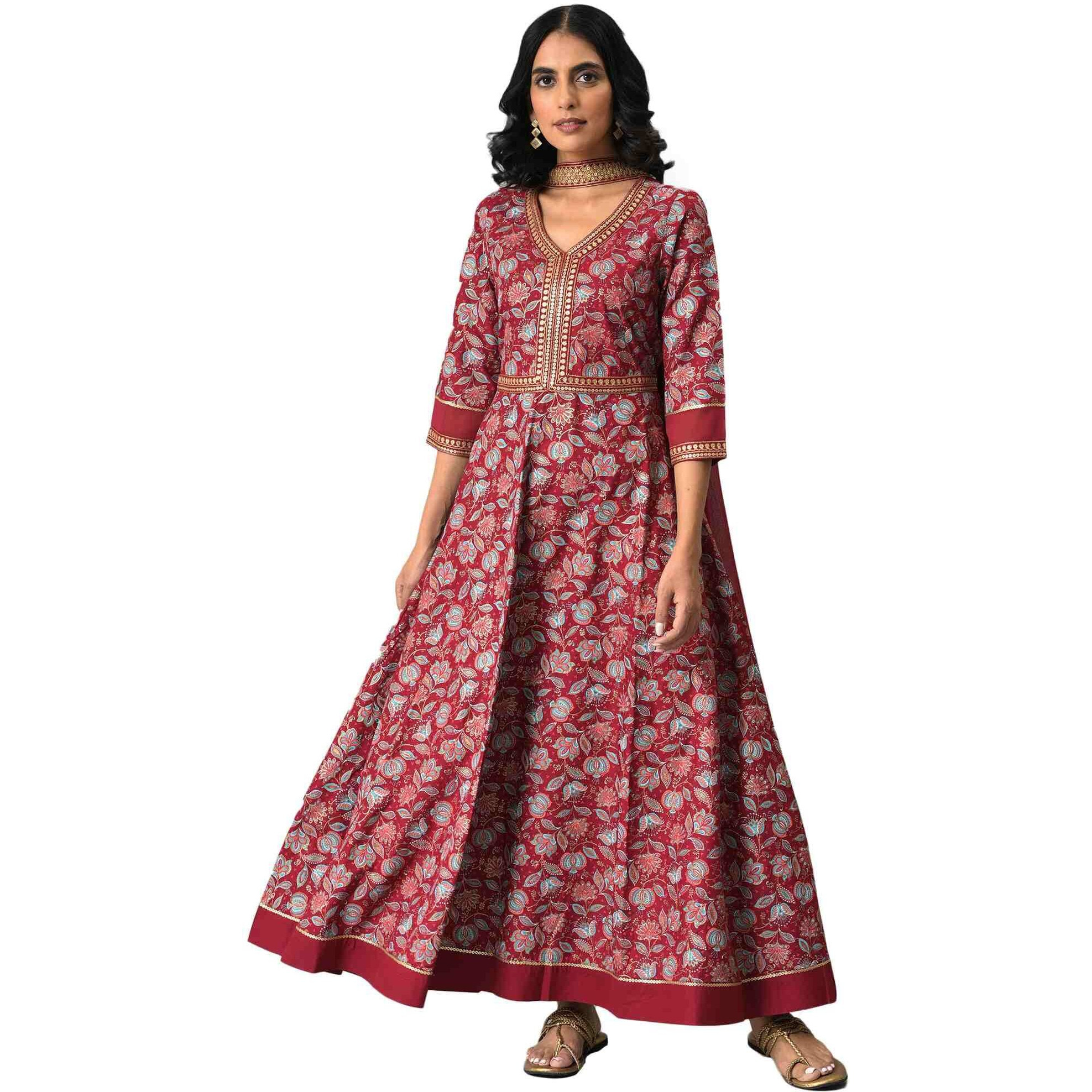 Aurelia Women's Viscose Maroon Floral Printed Regular Fit Kurta Set With Zari Embroidery Liva Dress And Dupatta_22Auas13516-506029_S