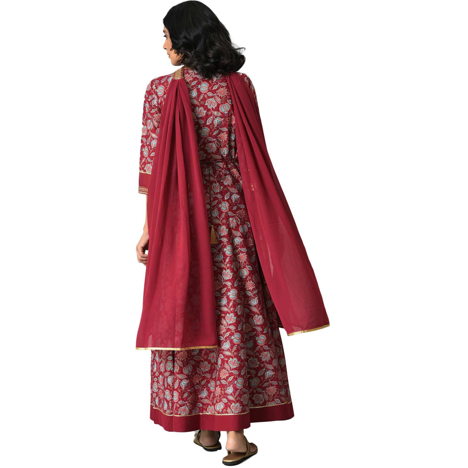 Aurelia Women's Viscose Maroon Floral Printed Regular Fit Kurta Set With Zari Embroidery Liva Dress And Dupatta_22Auas13516-506029_S