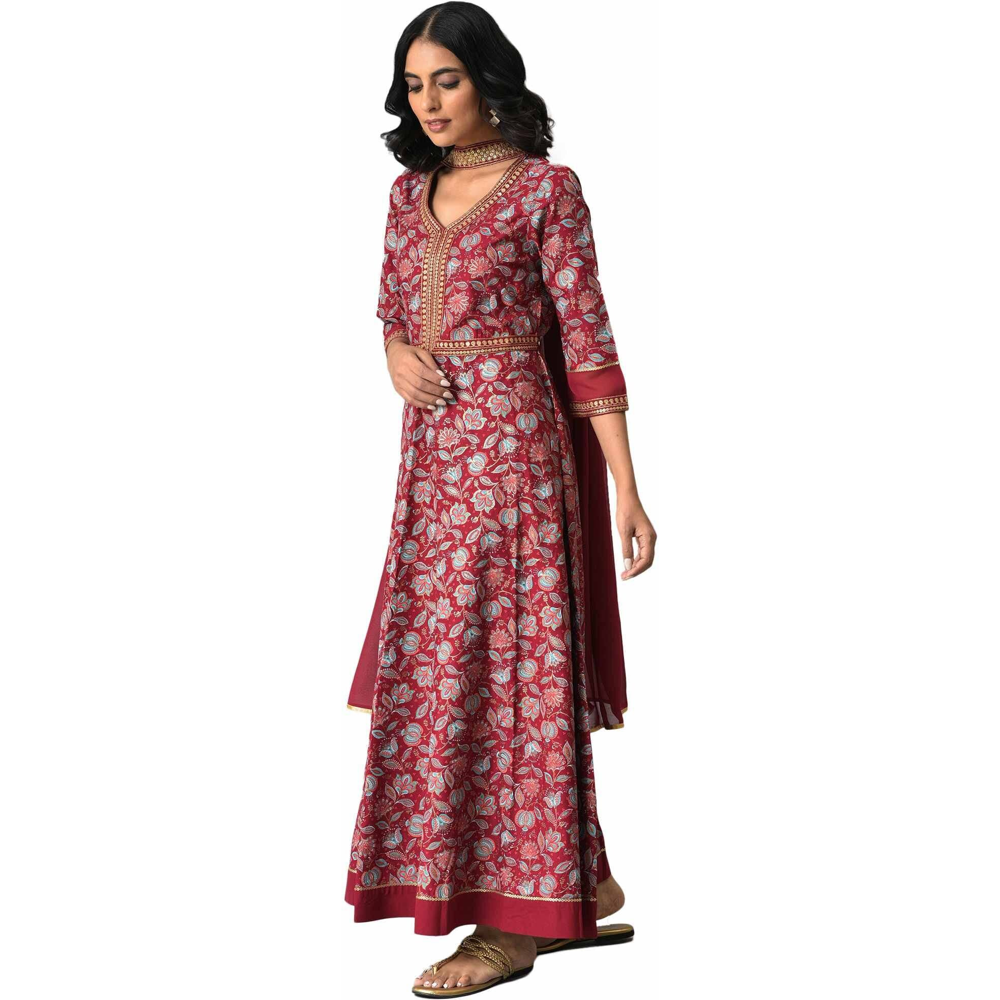 Aurelia Women's Viscose Maroon Floral Printed Regular Fit Kurta Set With Zari Embroidery Liva Dress And Dupatta_22Auas13516-506029_S