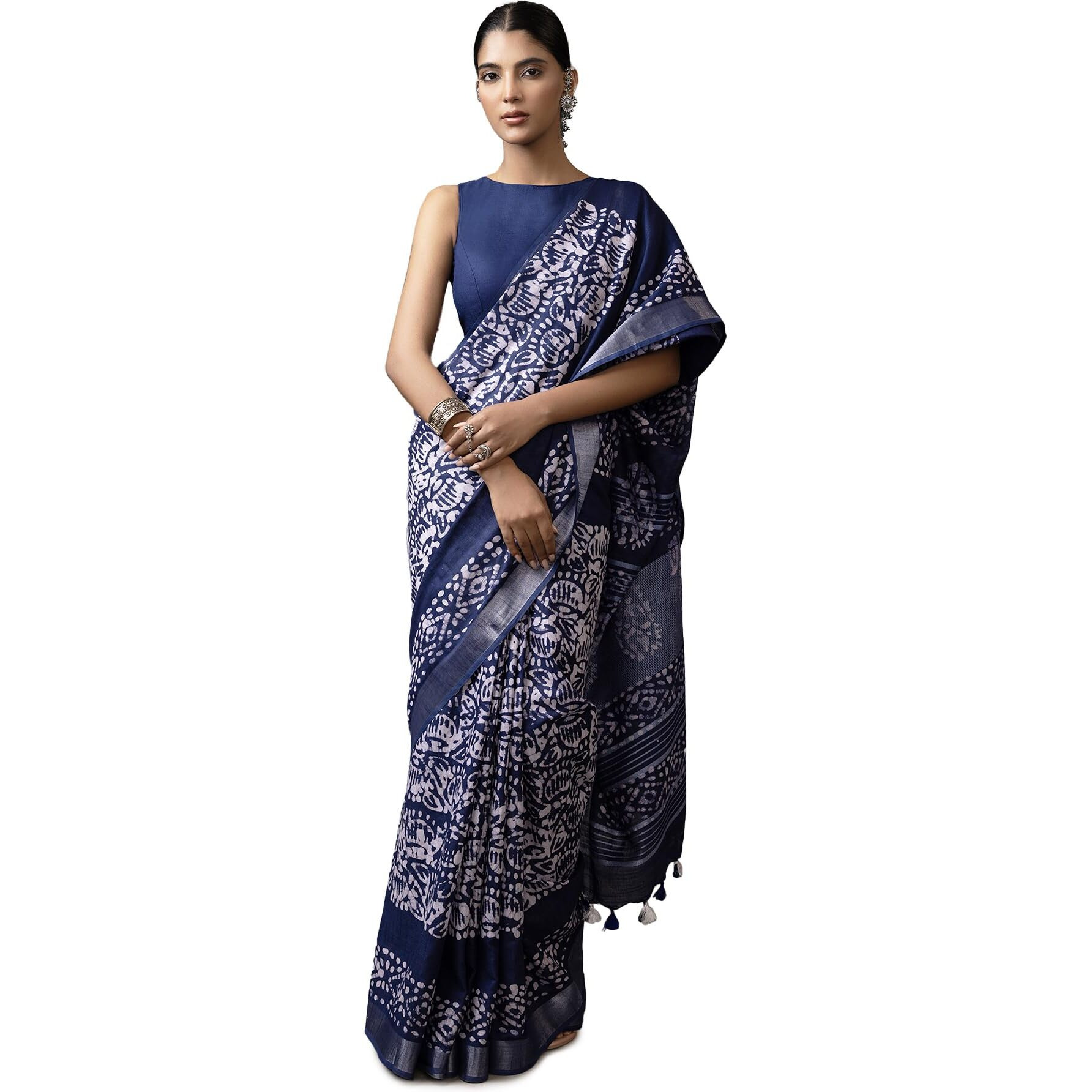 Soch Womens Navy Blue Linen Batik Print Saree With Tassels