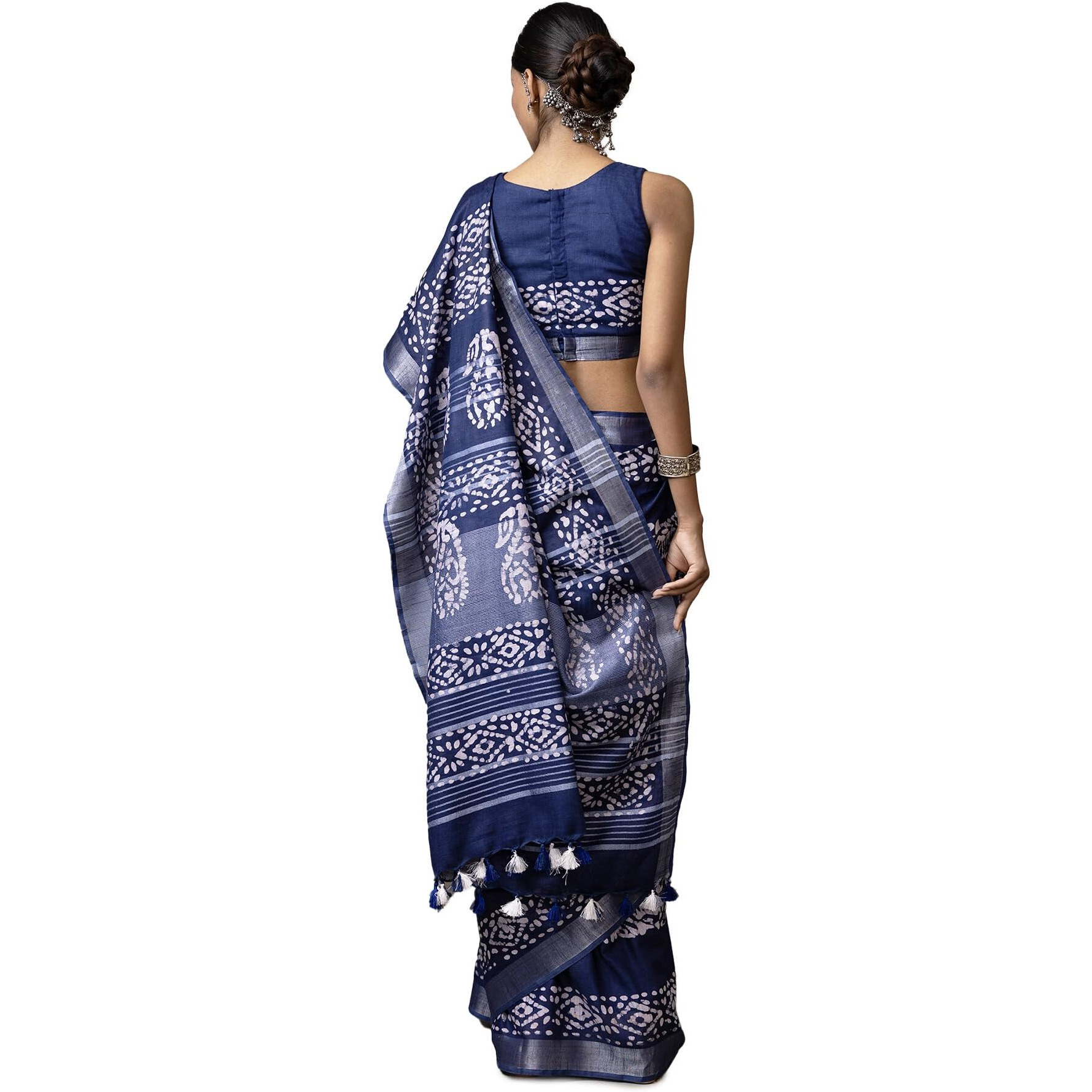Soch Womens Navy Blue Linen Batik Print Saree With Tassels
