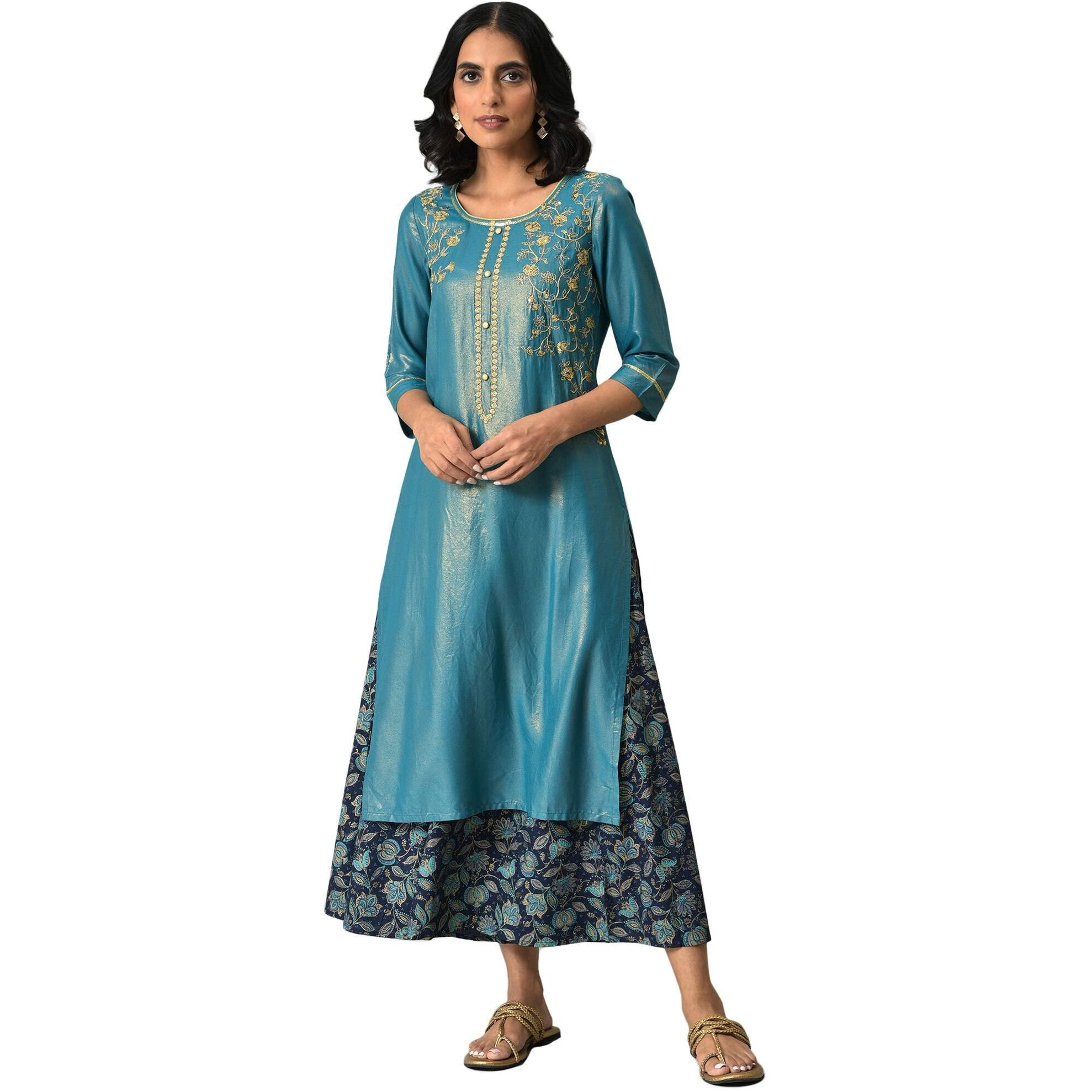 Aurelia Women Liva Blue Zari Embroidered Kurta With Printed Culottes_22Auas13520-505744_Xs