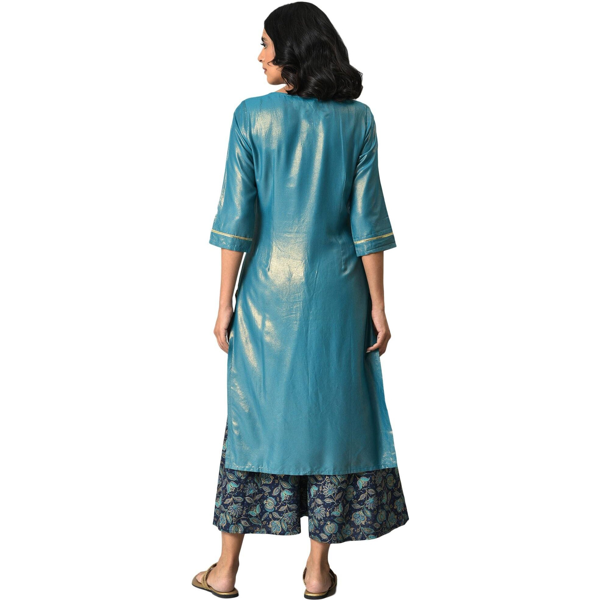 Aurelia Women Liva Blue Zari Embroidered Kurta With Printed Culottes_22Auas13520-505744_Xs