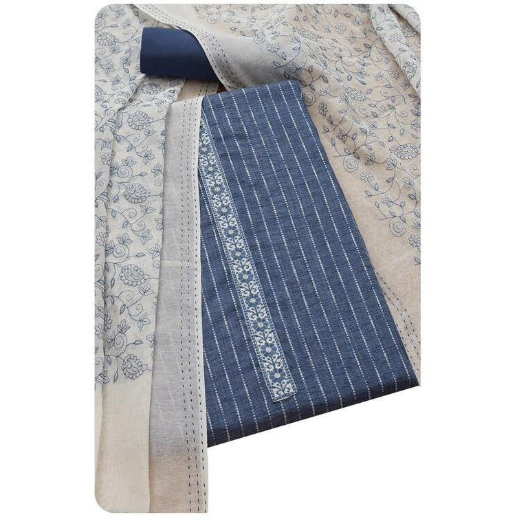 Soch Womens Navy Blue Cotton Blend Woven Design Unstitch Dress Material With Thread Work