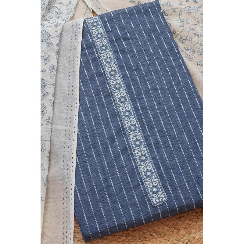 Soch Womens Navy Blue Cotton Blend Woven Design Unstitch Dress Material With Thread Work