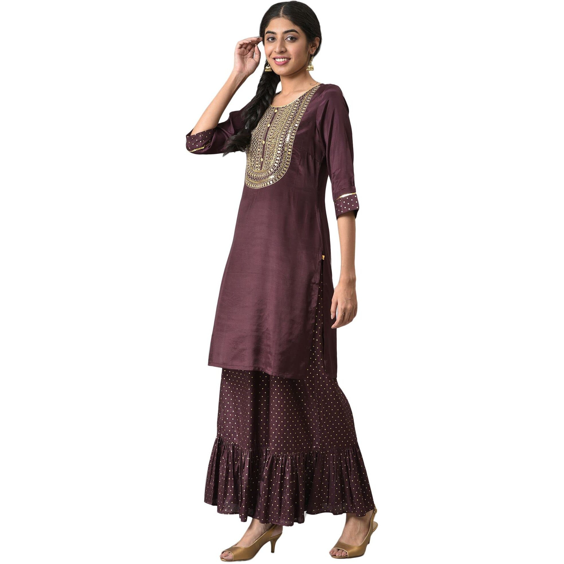 Aurelia Women Brown Shantung Liva Kurta With Gathered Sharara_22Auas13518-604763_S