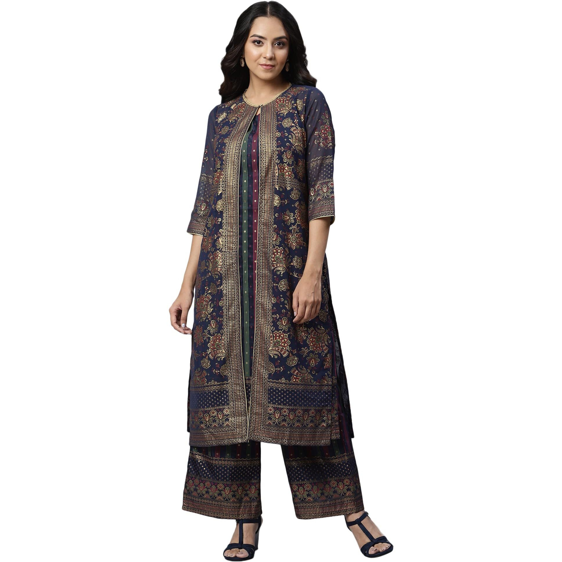 Aurelia Blue Floral Printed Foil Ethnic Jacket And Palazzo Set
