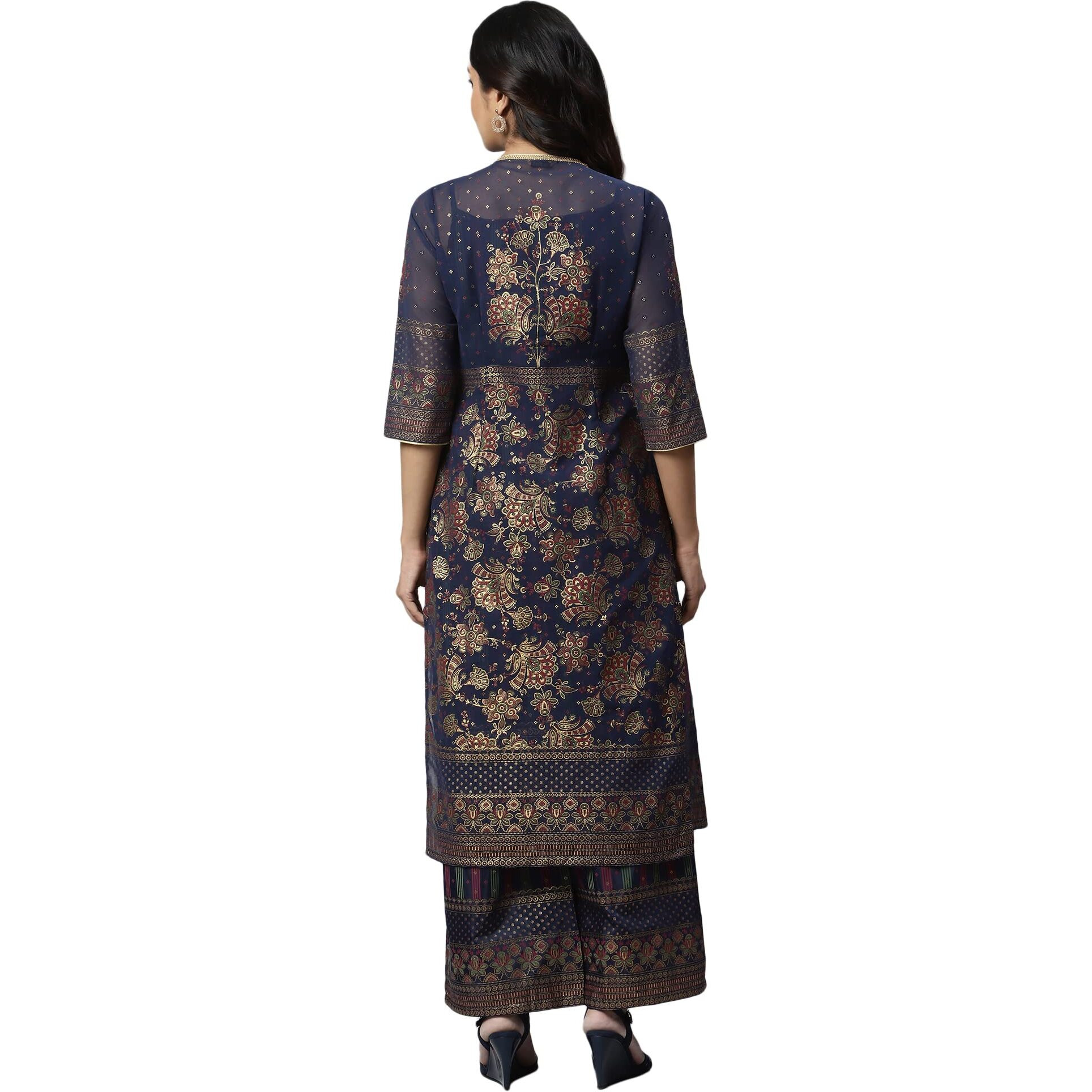 Aurelia Blue Floral Printed Foil Ethnic Jacket And Palazzo Set
