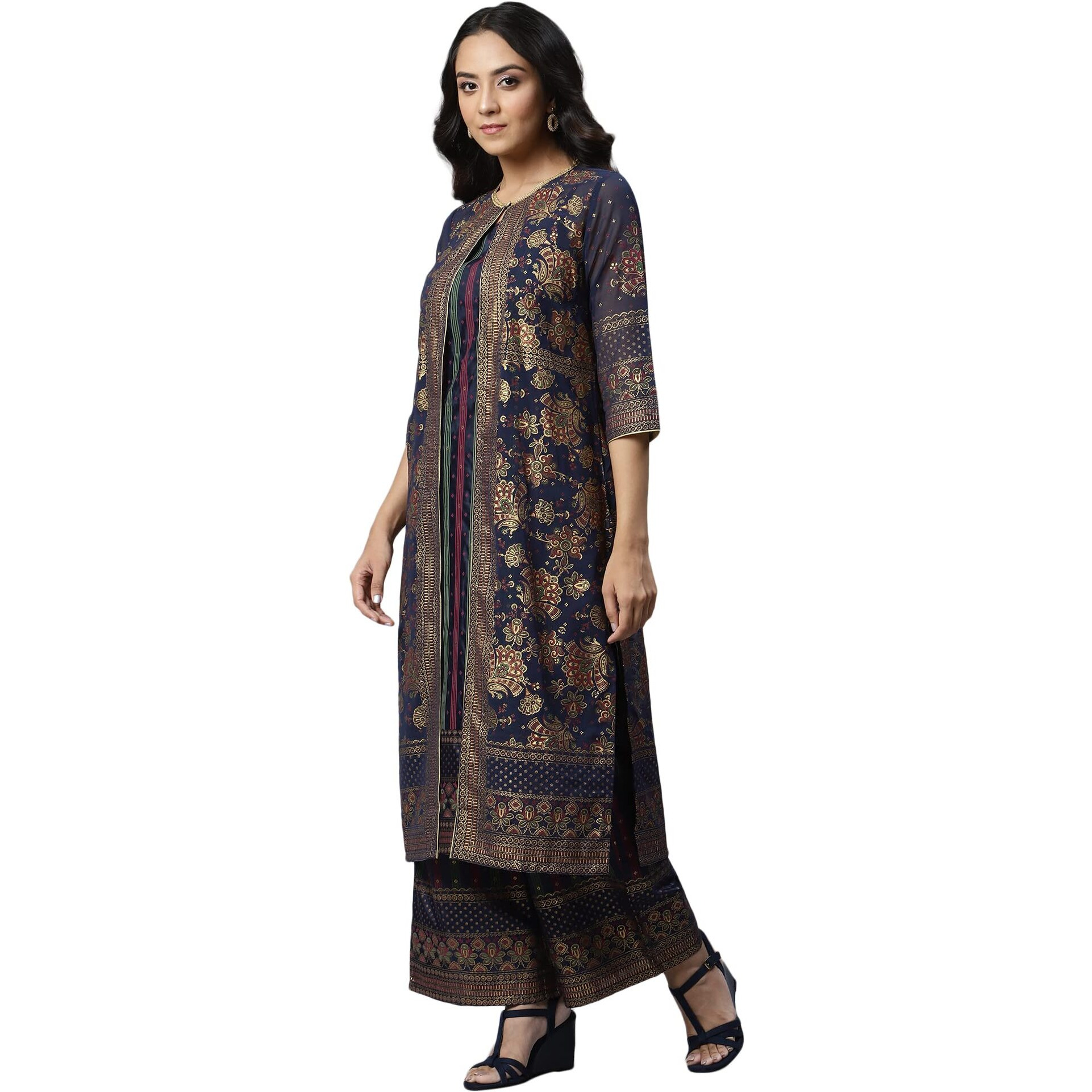 Aurelia Blue Floral Printed Foil Ethnic Jacket And Palazzo Set