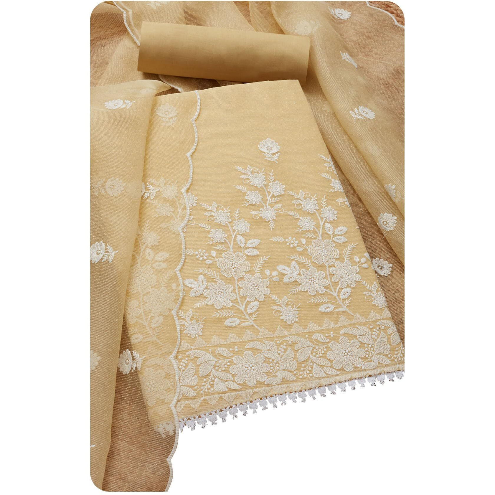 Soch Womens Light Yellow Kota Embroidered Unstitch Dress Material With Thread Work