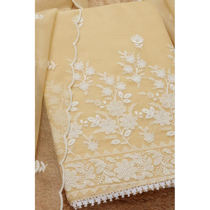 Soch Womens Light Yellow Kota Embroidered Unstitch Dress Material With Thread Work