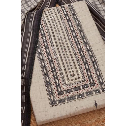 Soch Womens Beige Chanderi Ethnic Motifs Unstitch Dress Material With Faux Mirror And Sequins