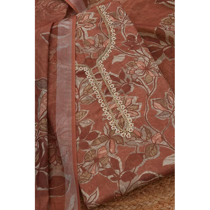 Soch Womens Earth Linen Floral Unstitch Dress Material With Beads And Stones