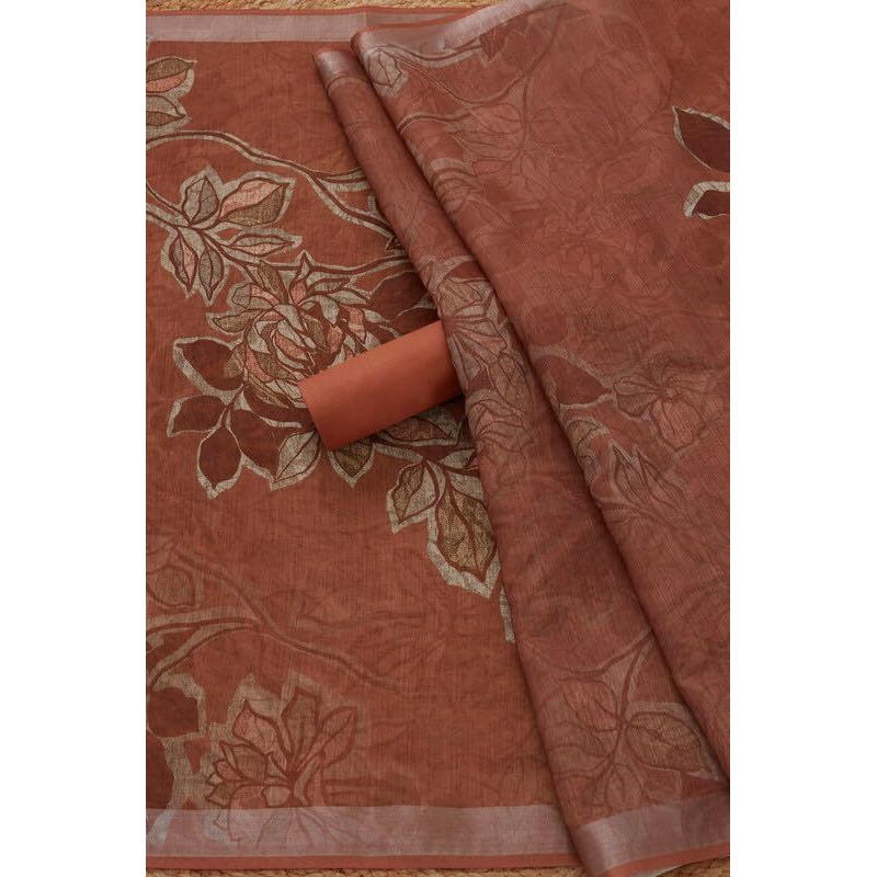 Soch Womens Earth Linen Floral Unstitch Dress Material With Beads And Stones