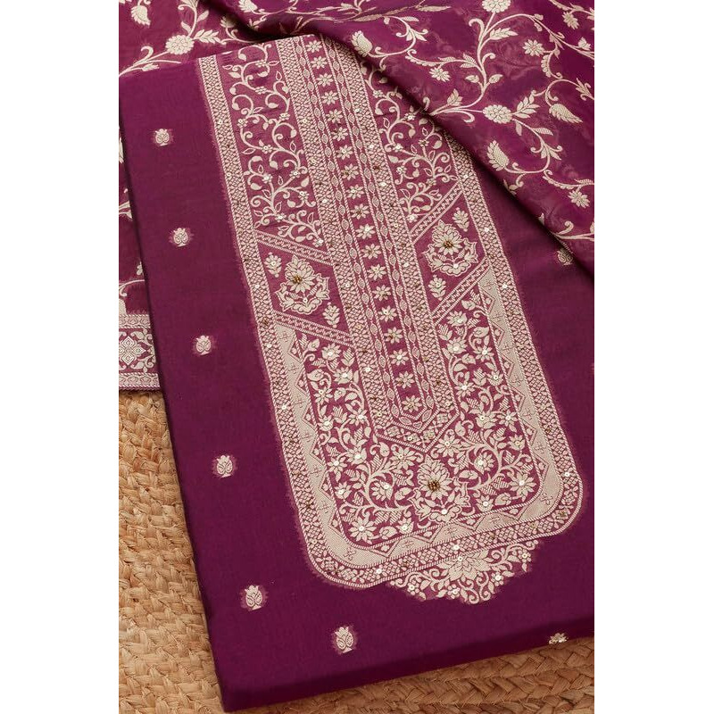 Soch Womens Magenta Organza Zari Woven Unstitch Dress Material With Sequins