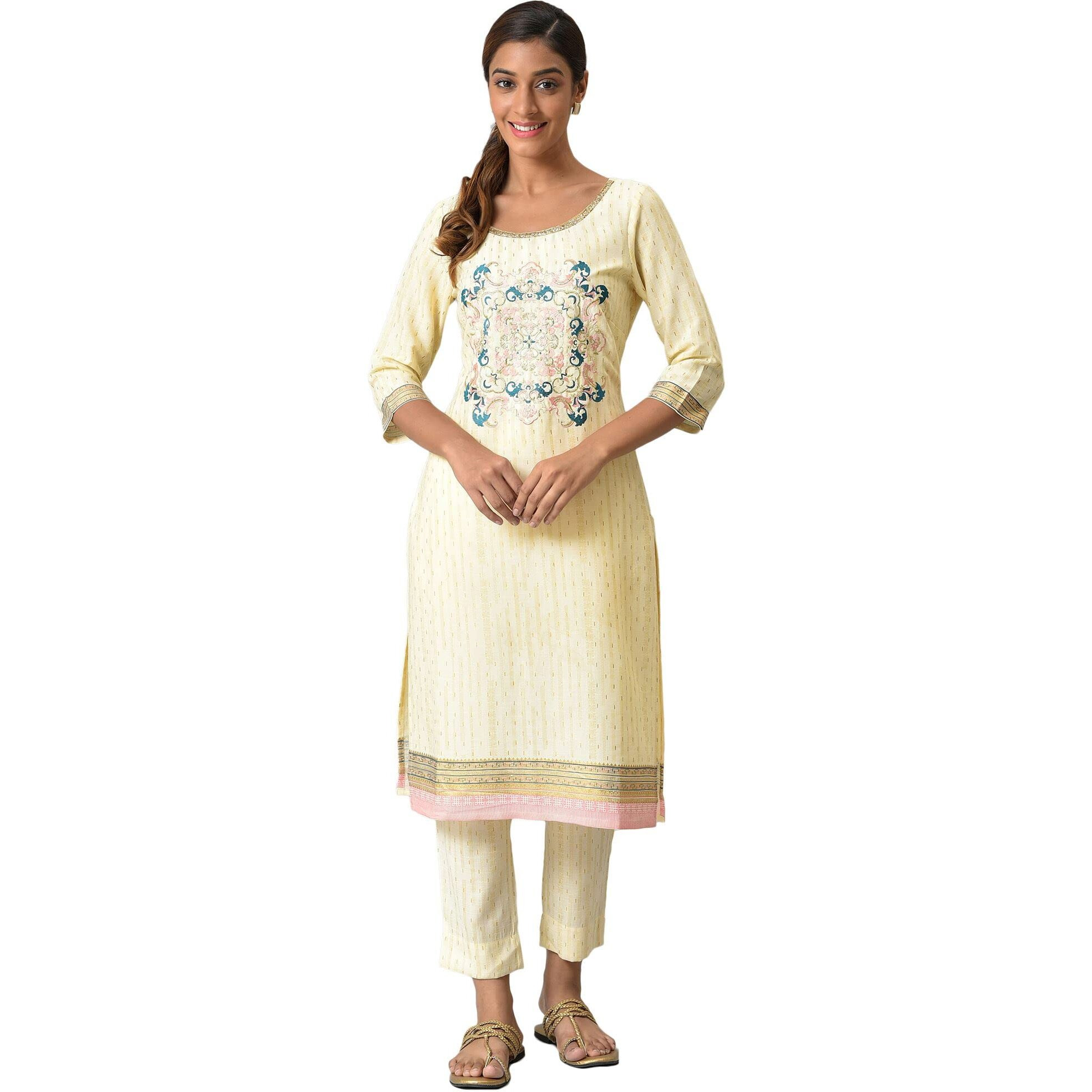 Beige Viscose Embroidered Kurta