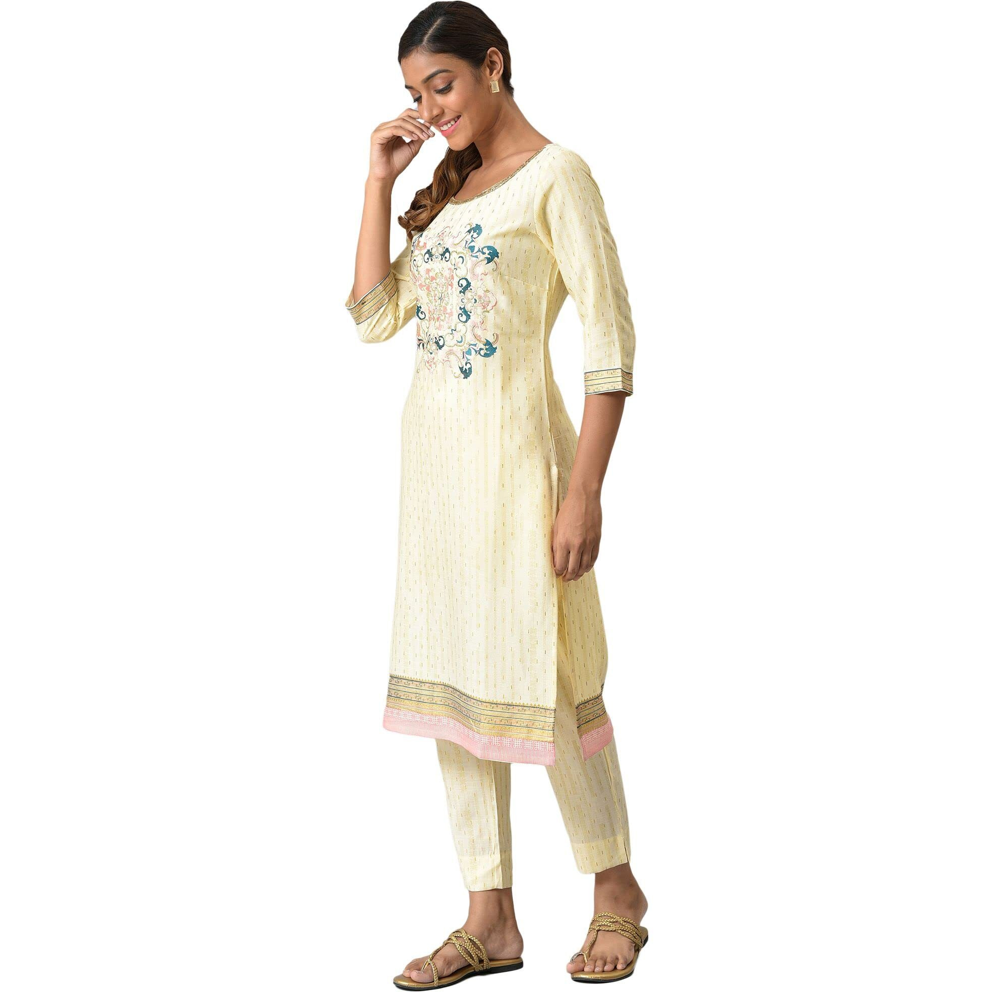 Beige Viscose Embroidered Kurta