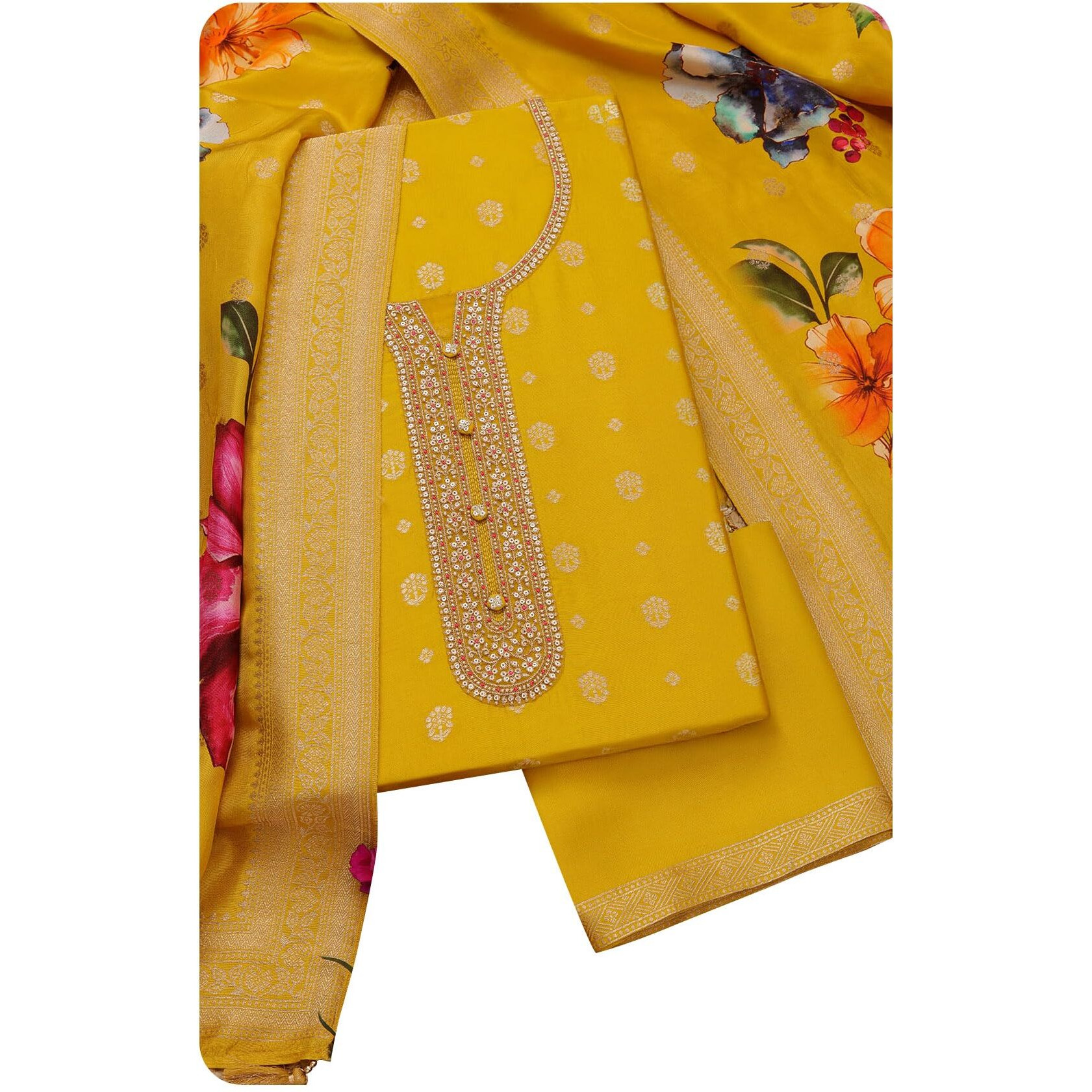 Soch Womens Mustard Silk Blend Zari Woven Unstitch Dress Material With Sequins