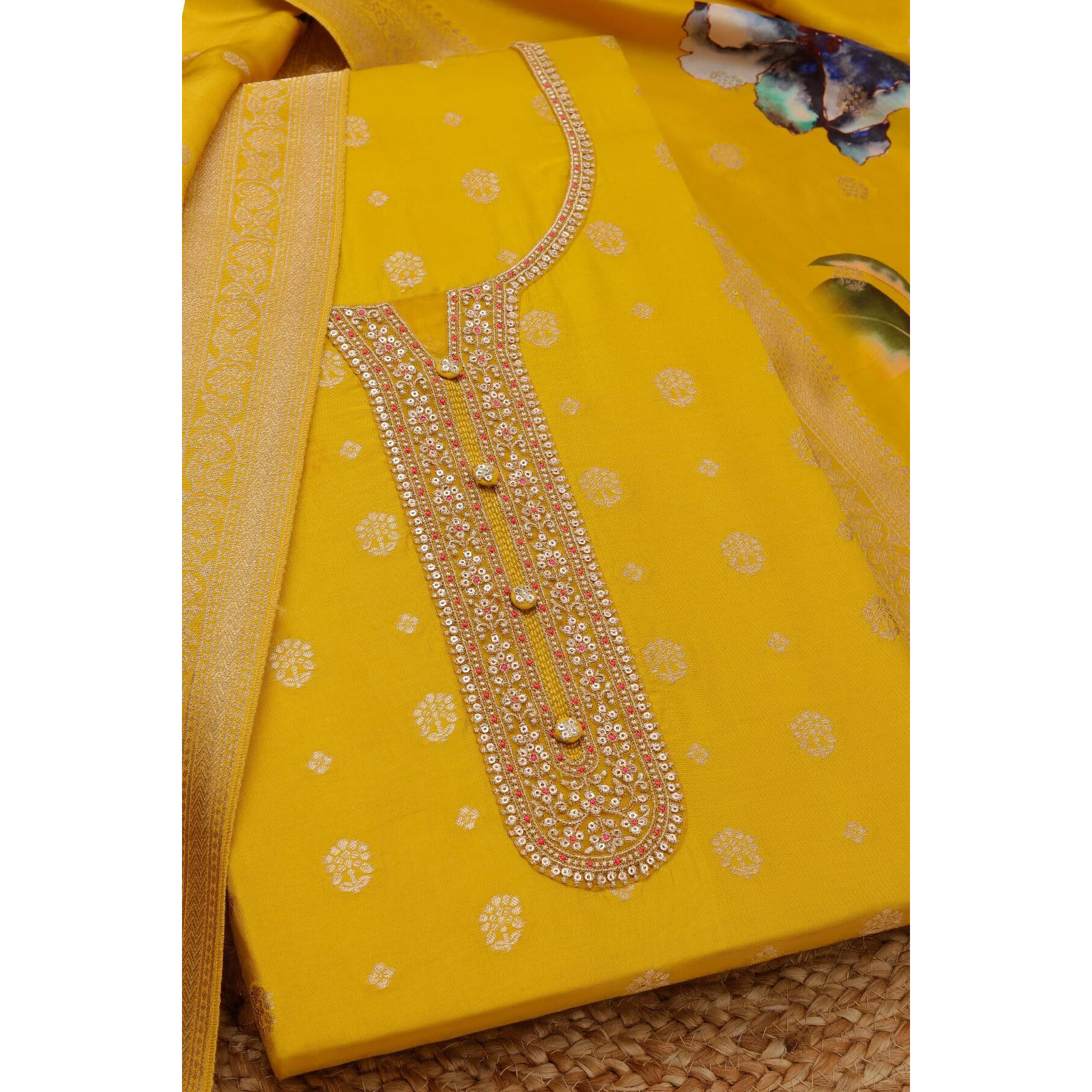 Soch Womens Mustard Silk Blend Zari Woven Unstitch Dress Material With Sequins