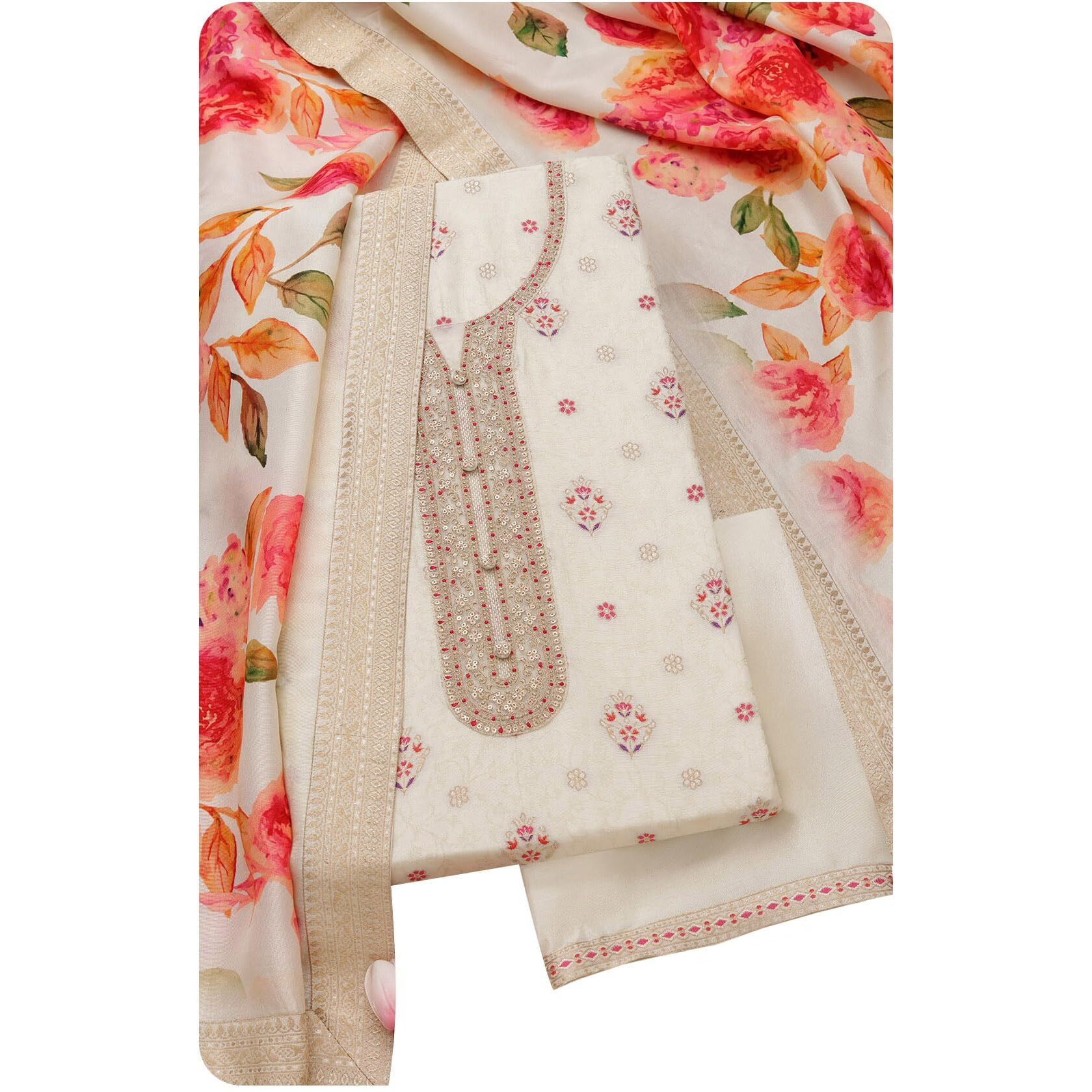 Soch Womens Cream Silk Blend Woven Design Unstitch Dress Material With Zari