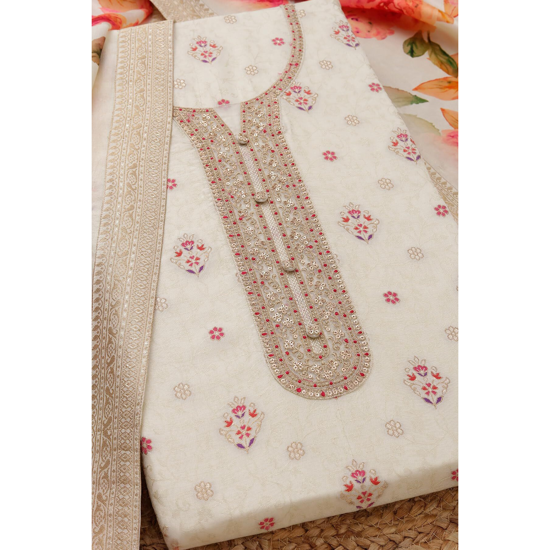 Soch Womens Cream Silk Blend Woven Design Unstitch Dress Material With Zari