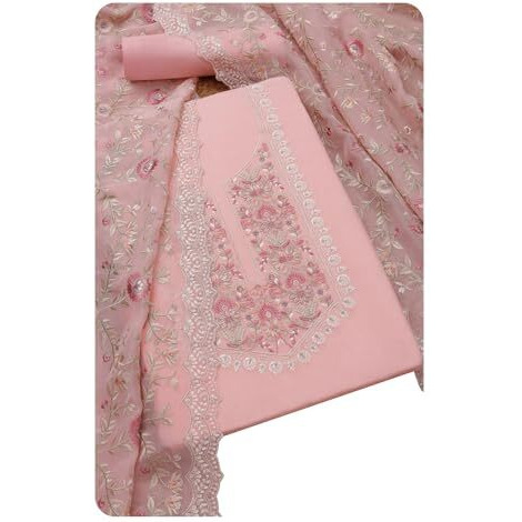 Soch Womens Pink Organza Embroidered Unstitch Dress Material With Thread Work